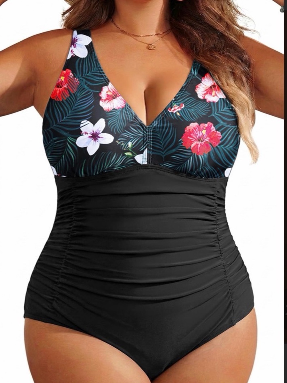 Plus Size Floral Black V-Neck One-Piece Swimsuit